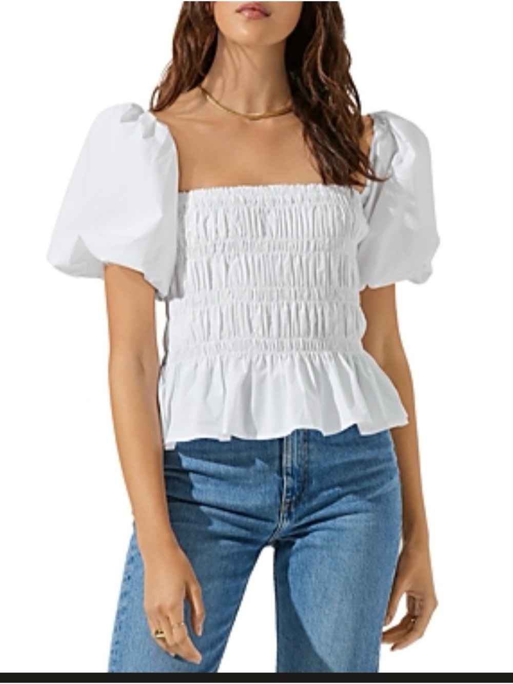 Astr White Smocked Peplum Puff Sleeve Top